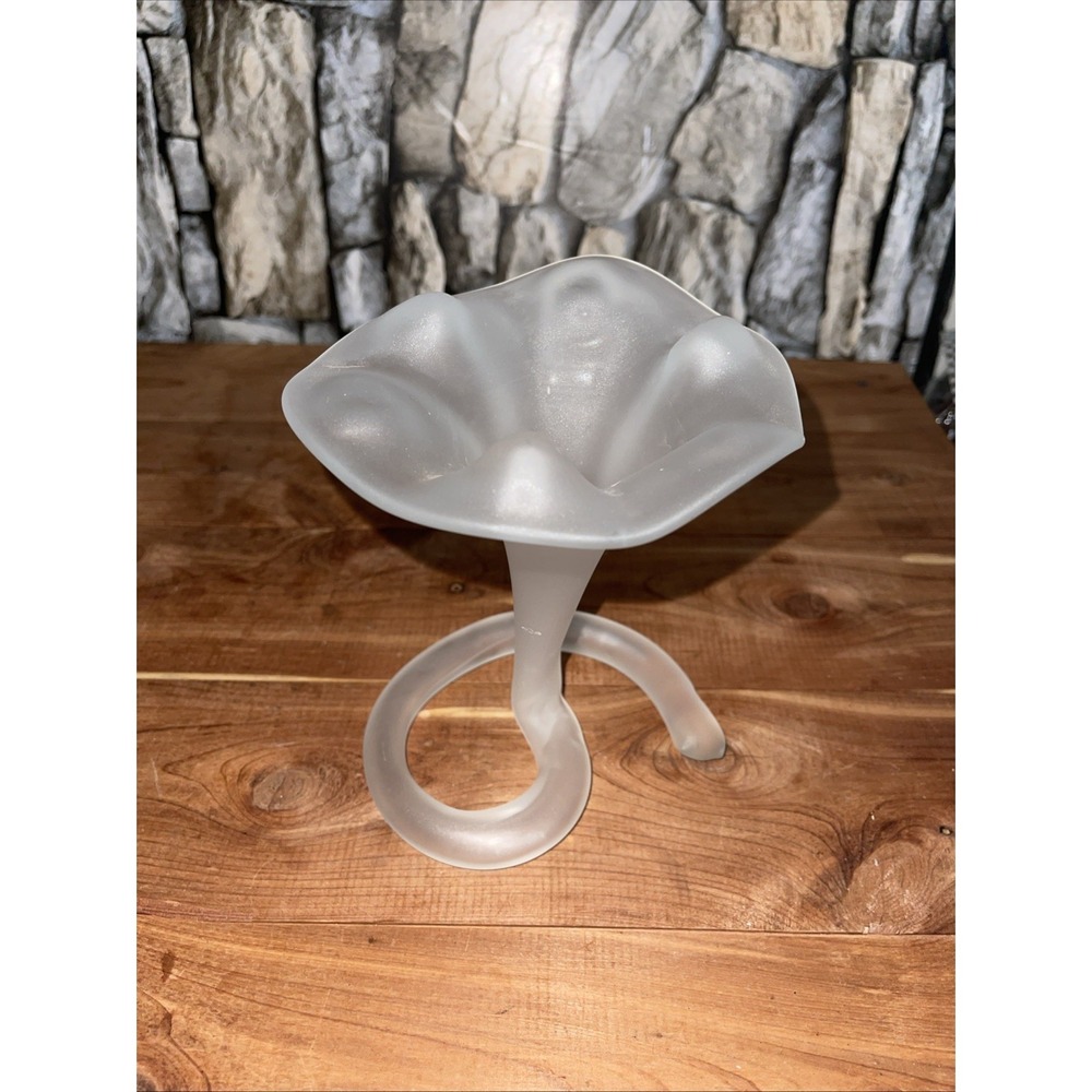 Vintage Italian frosted glass lily bud vase with a coiled stem.